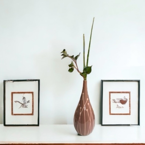 Vintage MCM Ceramic Teardrop Vase with Mod Botanical Design, 12x5 Mauve and Pink - Picture 2 of 11